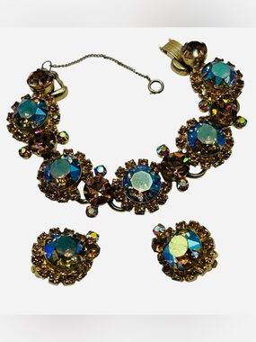 Vintage Juliana D&E Demi Set Colorado Topaz AB Rhinestone Bracelet Earrings